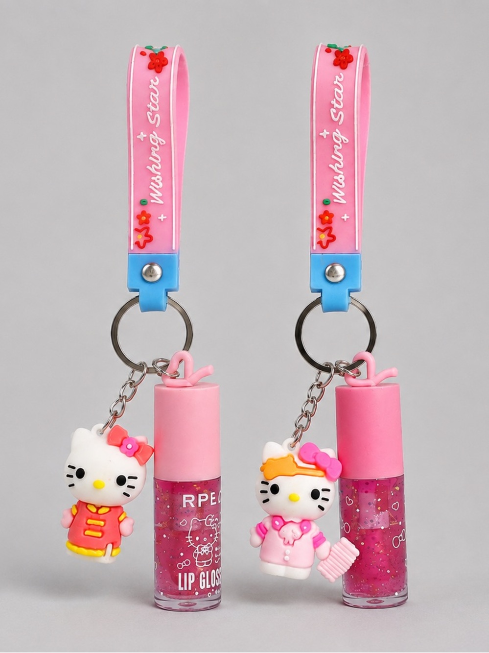 Hello Kitty Pink Glitter Lip Gloss Keychain Duo with Character Charms